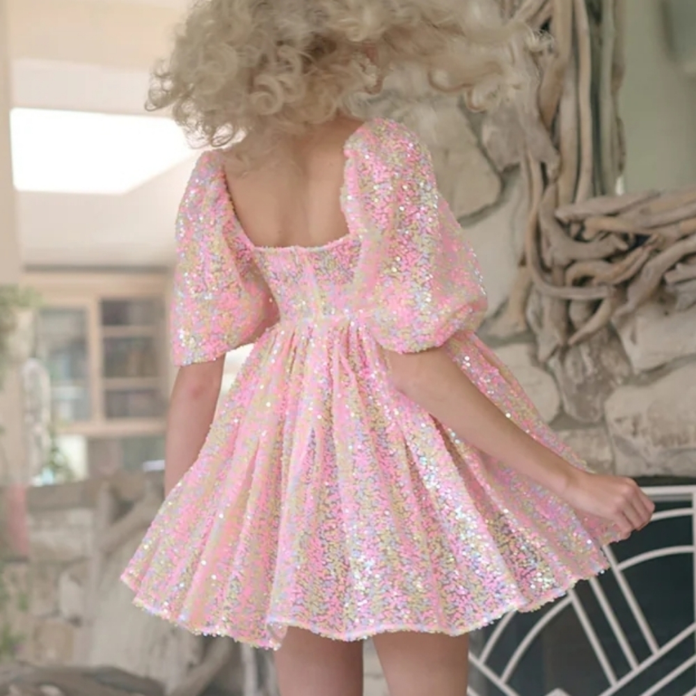 Selkie The Rainbow Sparkling Sequin Puff Sleeve Dress - Picture 13 of 16